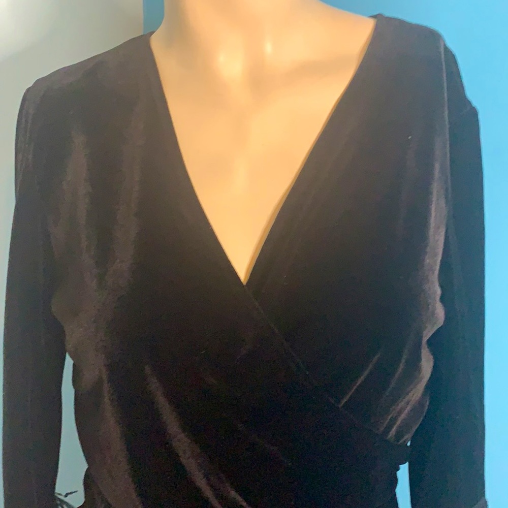 Jackie Jon Heavyweight Velvet chiffon blend blouse with feathers.